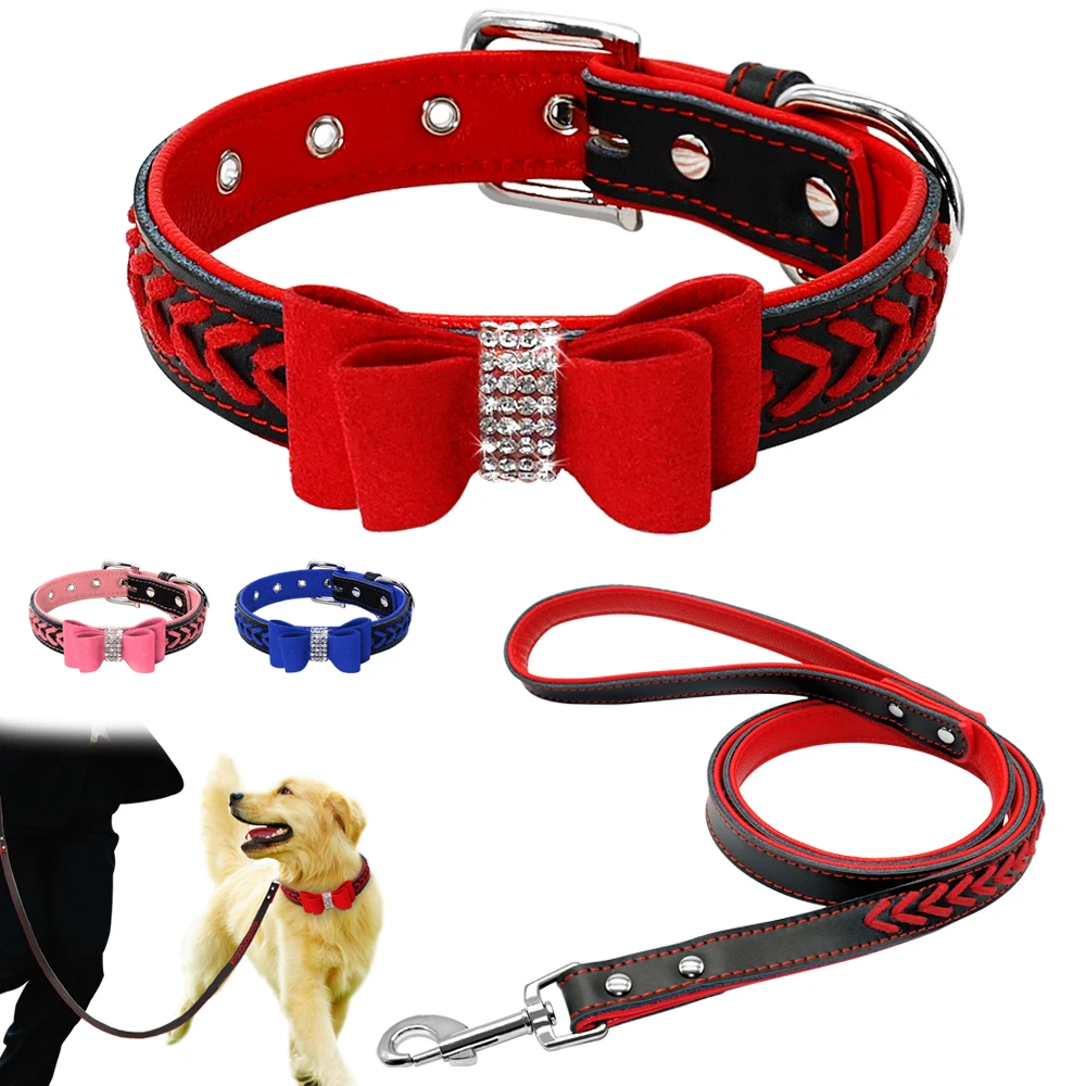 Милый маленький собачий ошейник и поводок со стразами в оплетке с бантом для