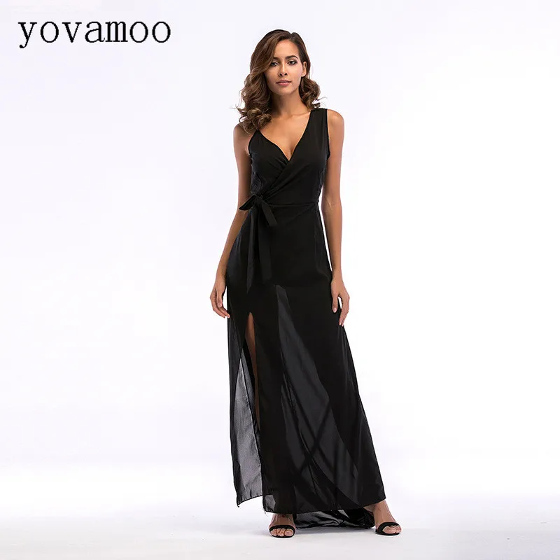 Женское шифоновое платье Yovamoo длинное черное на бретелях-спагетти с V-образным