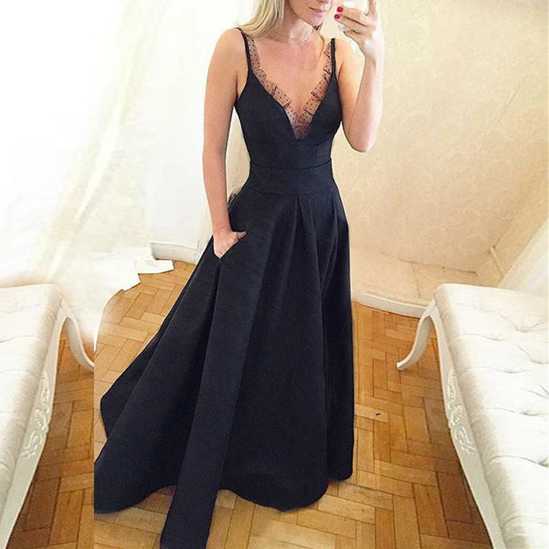 

Beautiful elegant black long A line Sleeveless spaghetti straps satin V neck formal prom dresses gowns with sweep train
