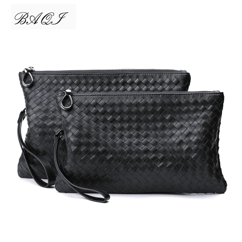 

BAQI Brand Men Handbags Men Wallet Clutch Bag Genuine Leather Cowhide Hand Knit High Quality BV 2019 Fashion Ipad Bag Men Casual