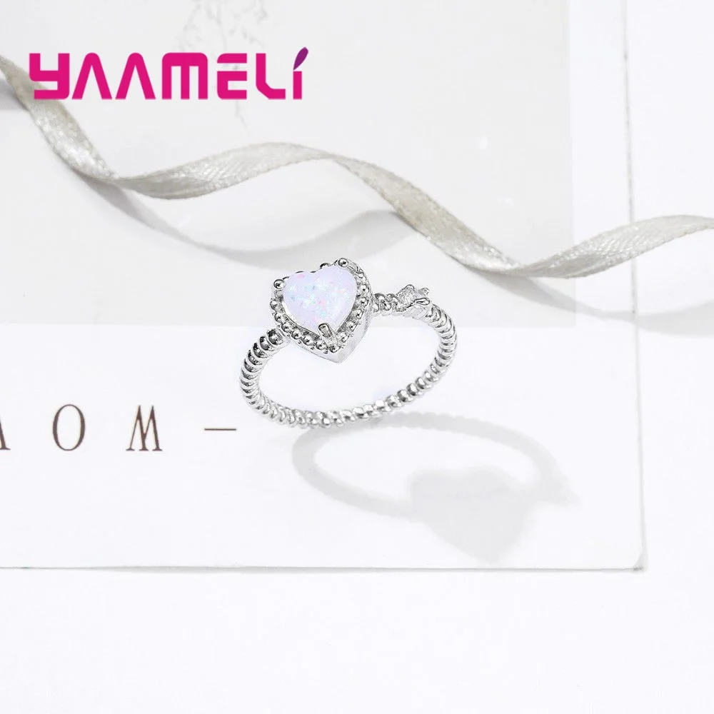 Lovely White Opal Beautiful Heart Queen Temperament Ring For Women Girls 925 Sterling Silver Finger fashion Rings | Украшения и