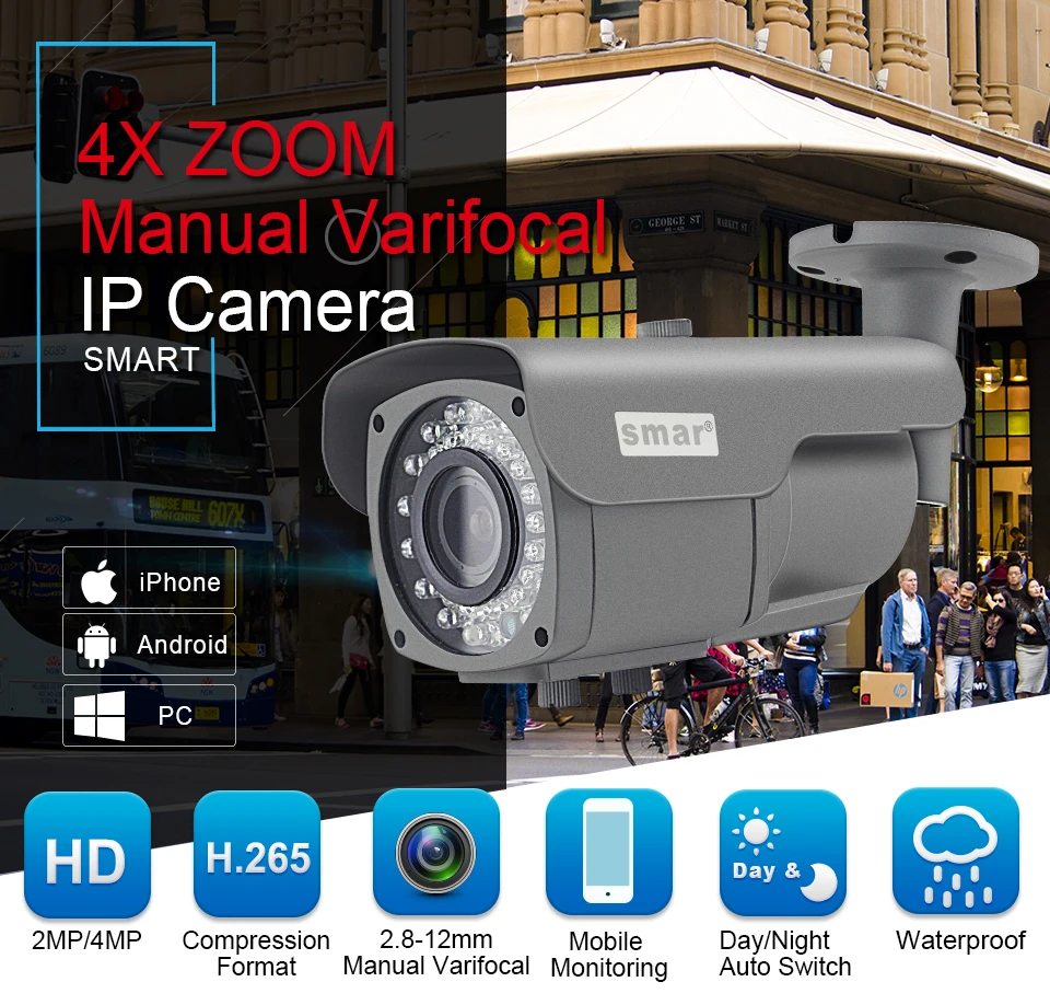 Smar наружная Водонепроницаемая ip-камера 1080P 4MP 2,8-12 мм объектив для домашней безопасности с ИК-фильтром ночного видения onvif-камера
