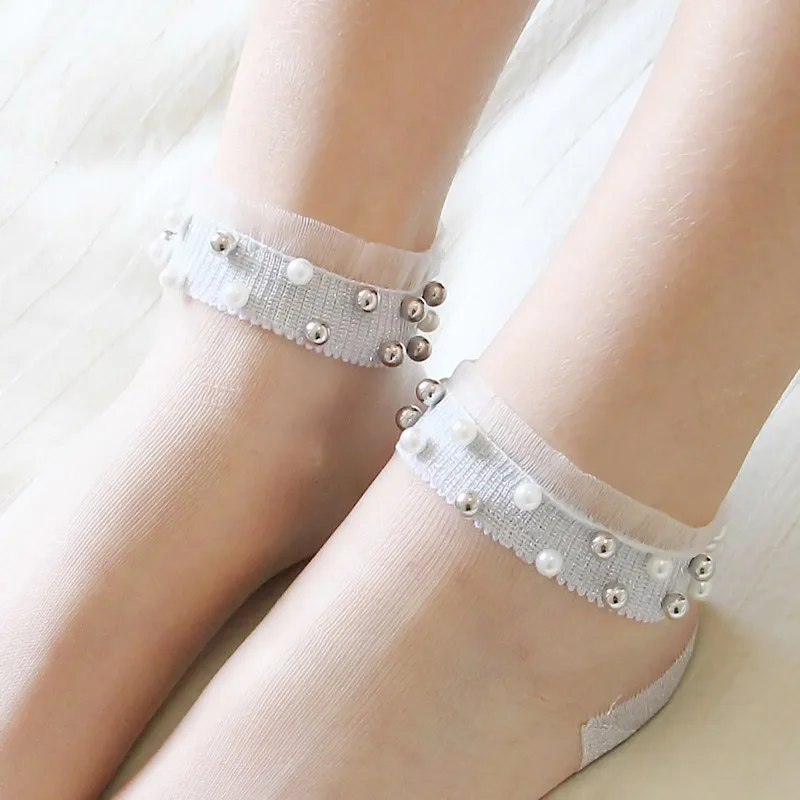 

[COSPLACOOL]Transparent Handmade Pearl Gold Silver Cute Funny Socks Women Fashion Shiny Sokken Girls Harajuku Calcetines Mujer