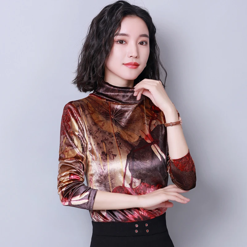 

AreMoMuWha Autumn Slim Printed Bottoming Shirt Female Long Sleeve New Korean Version of The Large Size High Collar Velvet MH211