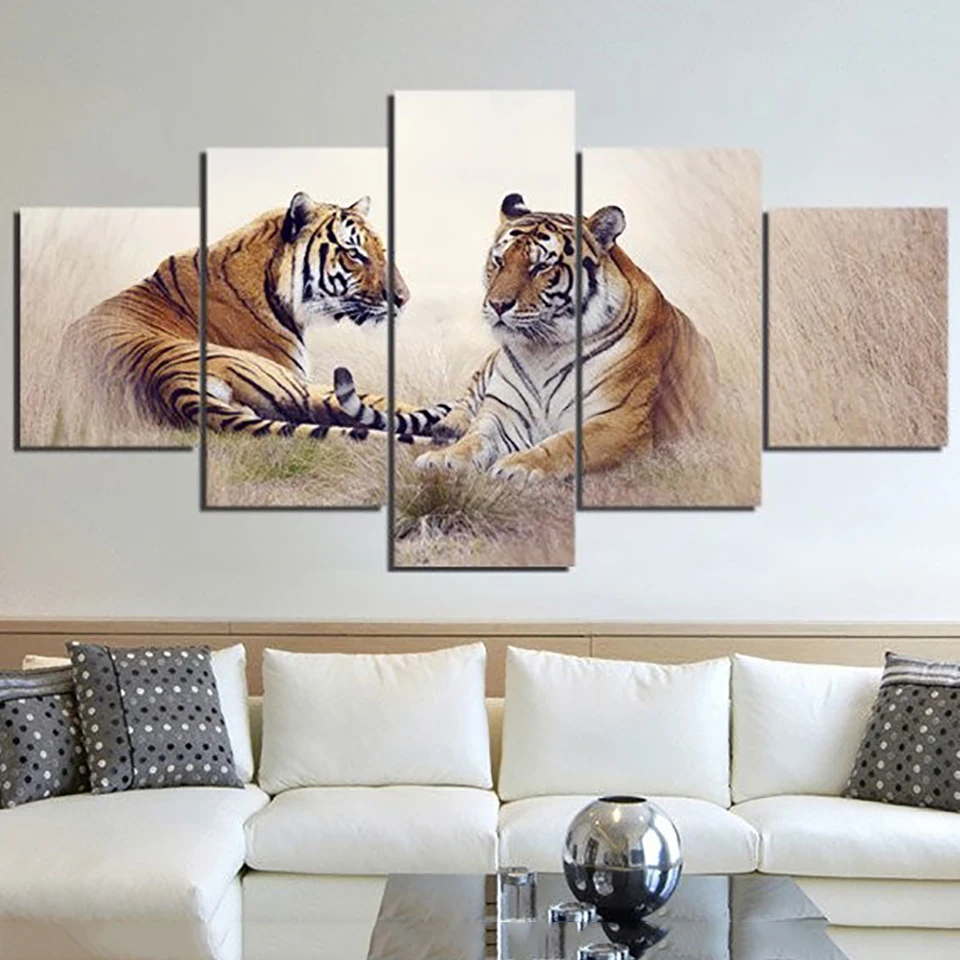 Living Room Wall Art Home Decoration Pictures HD Printed 5 Panel Grassland Tigers Modern Painting On Canvas Posters Framework | Дом и сад