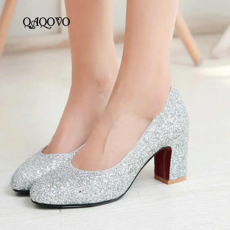 Модная женская обувь с блестками женские туфли на высоком квадратном каблуке