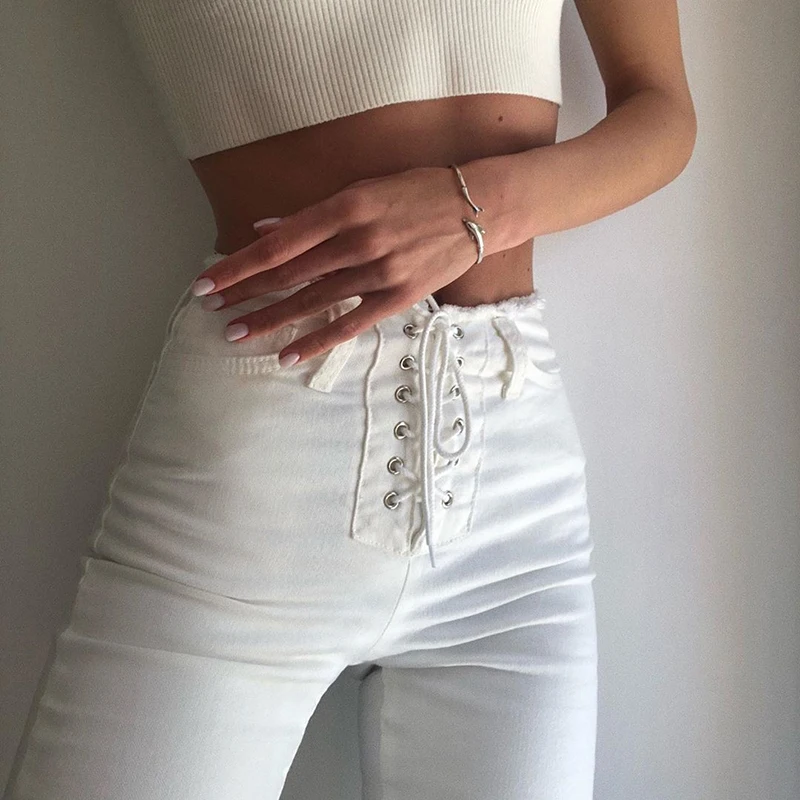 InstaHot White Elegant Office Lady Lace Up Elastic High Waist Flare Pants Casual Solid Minimalis Pant Spring Women Trousers