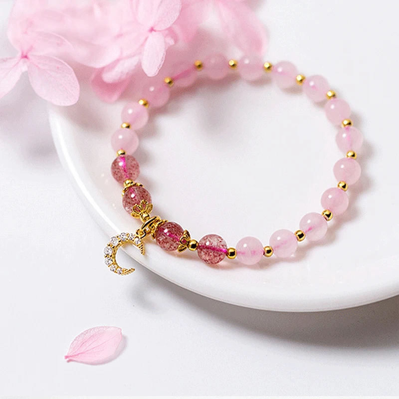 

Gold Color Moon Pink Crystal Natural Strawberry Quartz 925 Sterling Silver Bracelet for Women Zirconia Bracelets Jewelry YBR100