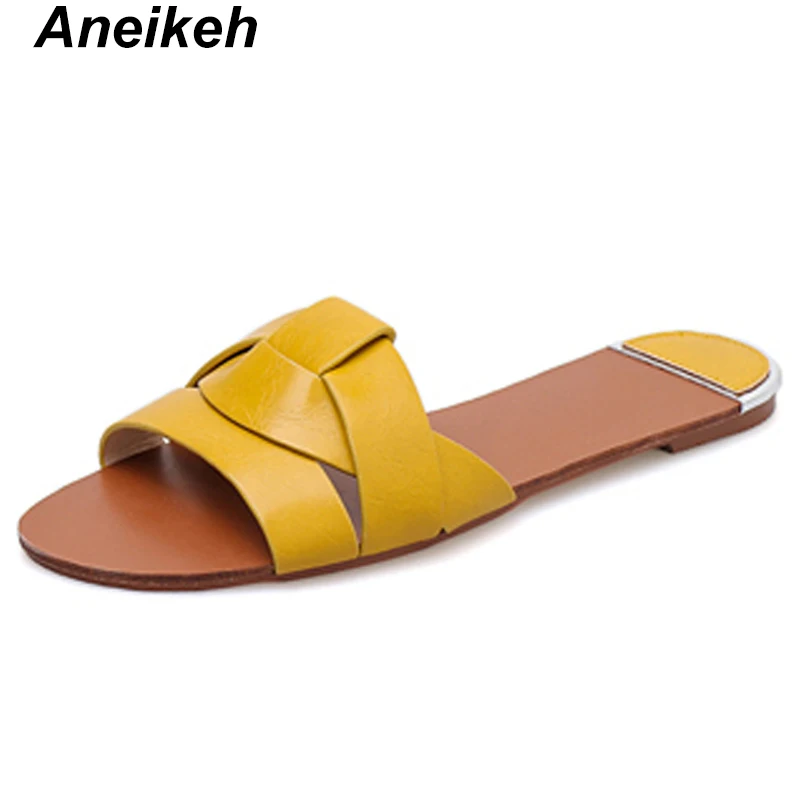 Aneikeh/ г. Модные женские пляжные балетки на плоской подошве для отдыха пикантные женские туфли из PU искусственной кожи с круглым носком женские шлепанцы для улицы, Размеры 35-39