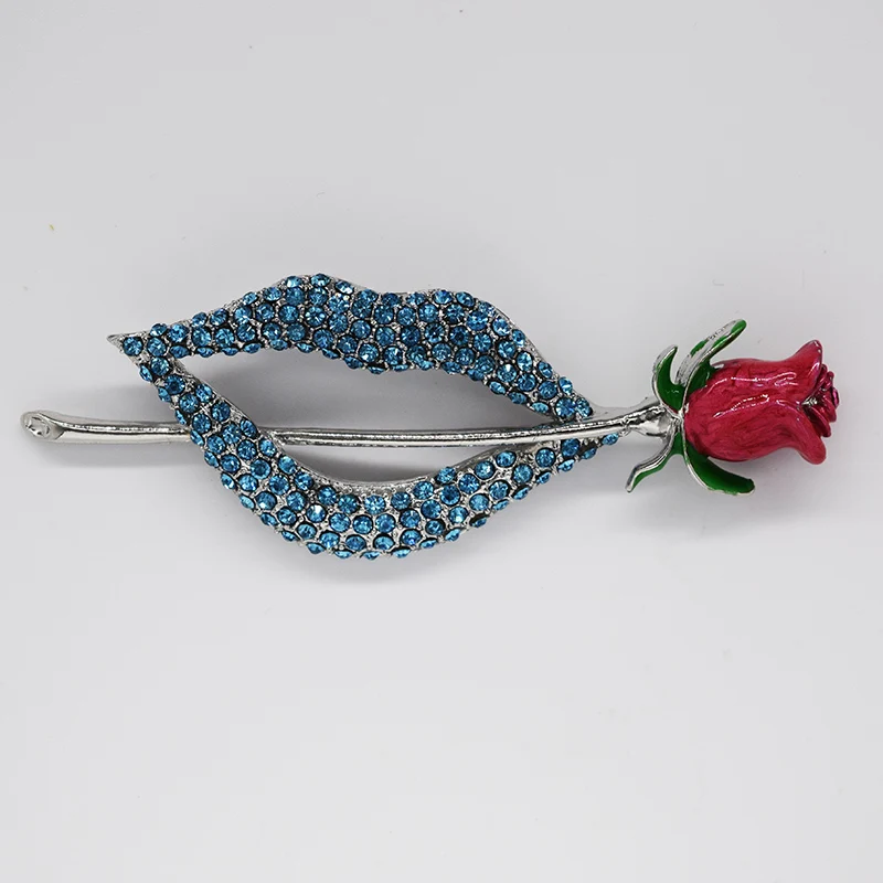 Blue Rhinestone Lips Roses Pin brooches C2028 R