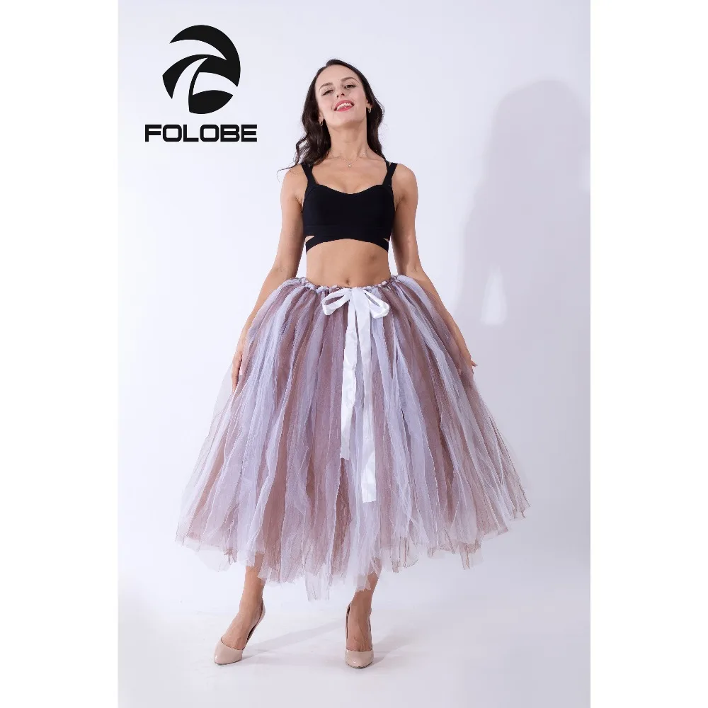 

FOLOBE Brown& White Vintage 80CM Tulle Skirt Tutu Maxi Long Skirts Womens Slim High Waist Skirt Jupe Longue Skater Skirts TT015