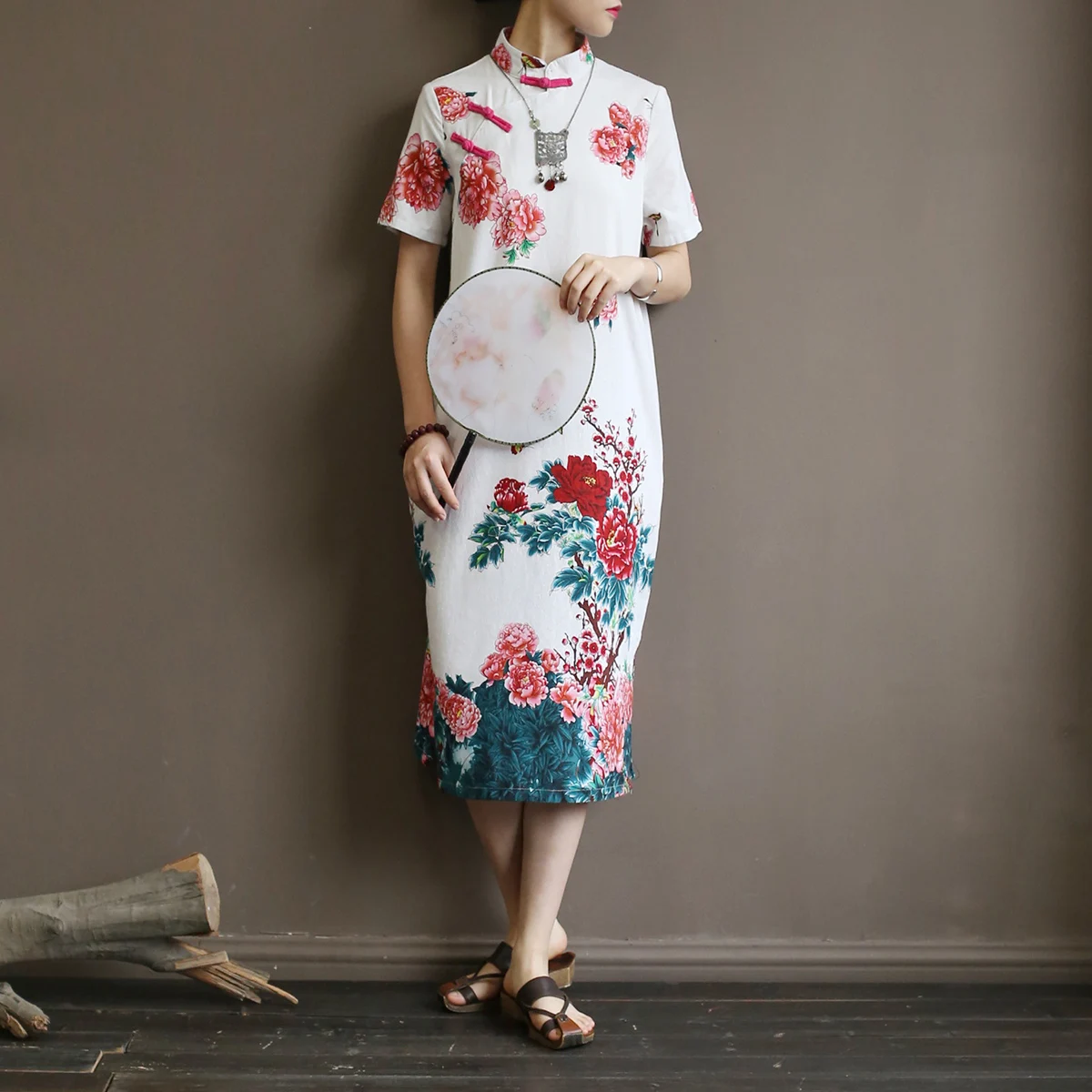 Johnature женское платье в китайском стиле со стоячим коротким рукавом Cheongsam летнее Новое винтажное платье с цветочным принтом из хлопка и льна