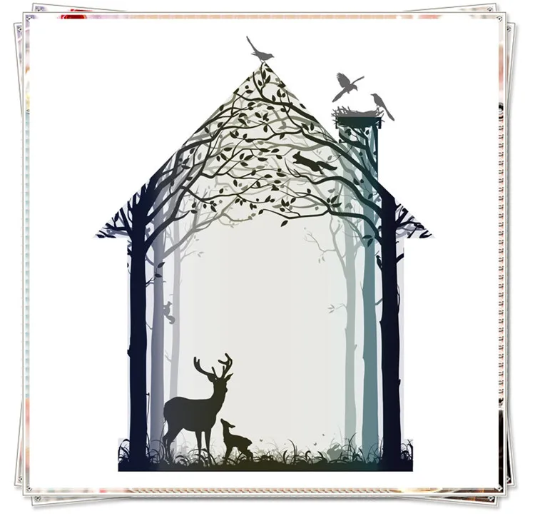 Триптих Скандинавская Картина на холсте силуэт семьи оленей с сосновой лесной