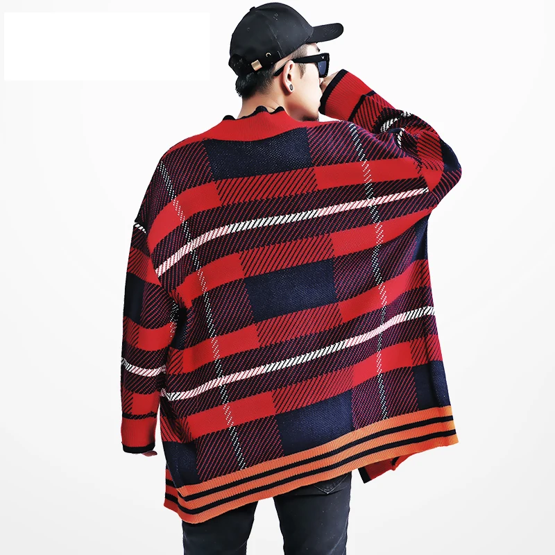 Sweater Men Blusa Masculina Fashion Hip Hop Plaid Autumn Winter Oversized Cardigan Kpop ropa cardigan masculino N-neck Sweaters |
