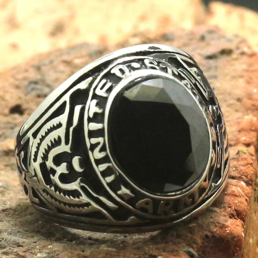 Стильное классическое кольцо из нержавеющей стали 316L с черным камнем армии США |