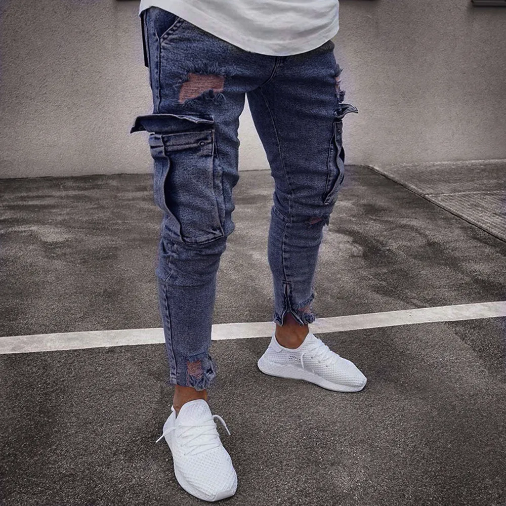 Мужские джинсовые ткани Пант Проблемные Ripped Freyed Slim Fit карман джинсы Широкие брюки