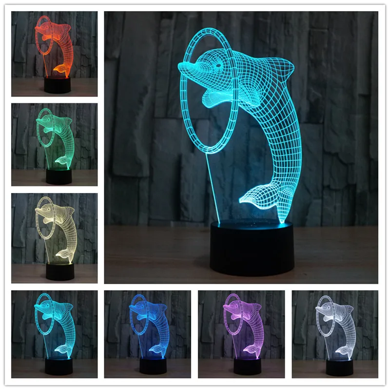 3D иллюзия СВЕТОДИОДНЫЙ Ночник светильник 7 цветов Дельфин лампа настольная