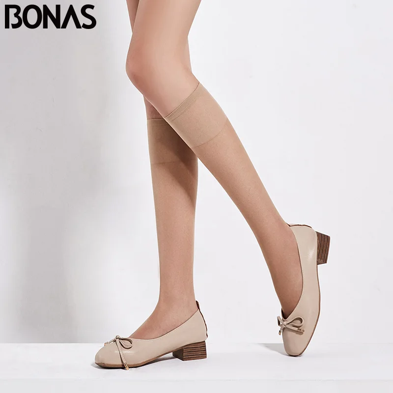 BONAS, 4 пар/лот, женские чулки, 20D, чулки до колена, женские прозрачные чулки, тонкие, длинные, одноцветные, для женщин и девочек, чулки из полиэстера - Цвет: skinx3pcs