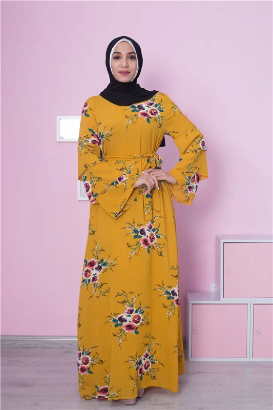 Новое Женское мусульманское длинное платье для девочки Jilbab abaya бальное платье Дубай с цветочным принтом пояс арабский Средневосточный платье мусульманская одежда Рамадан Мода