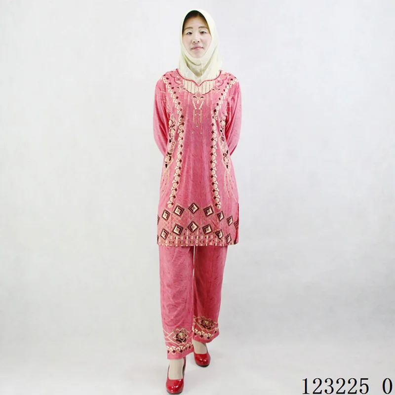 

Ice silk elastic Muslim dress long sleeve printing No pilling Hui dress Slim and printed ethnic dress two pieces set 123220