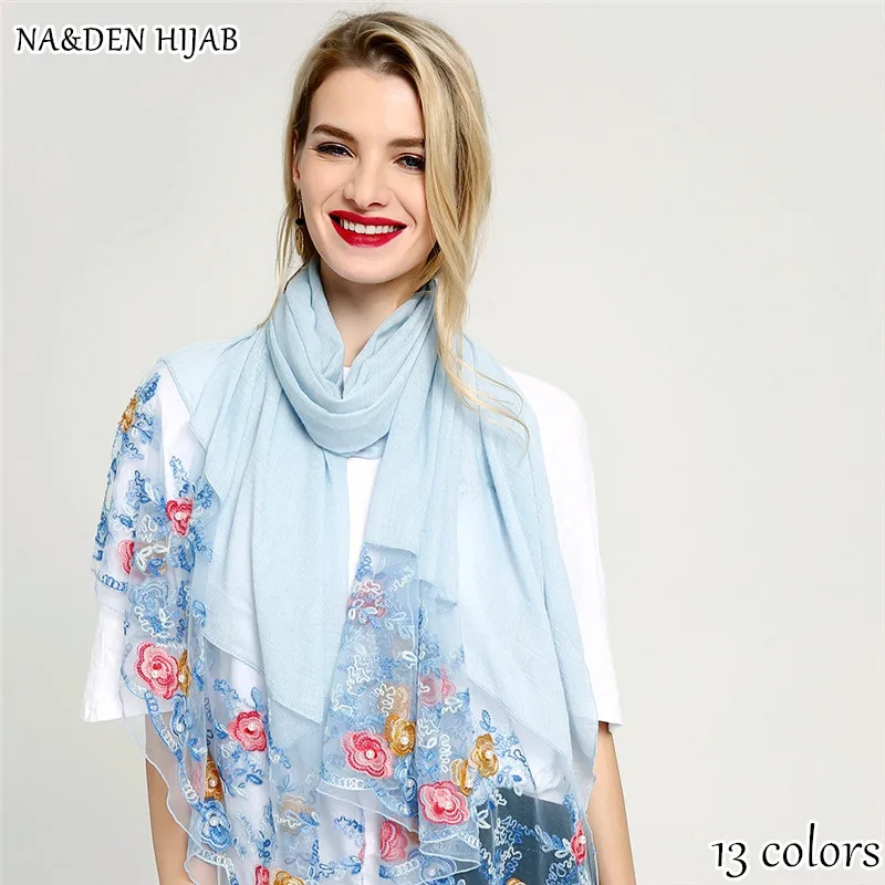 

NEW pearl embroider flower lace hijab scarf shawl fashion luxury women scarves shawls brand soft muffler islamic hijabs