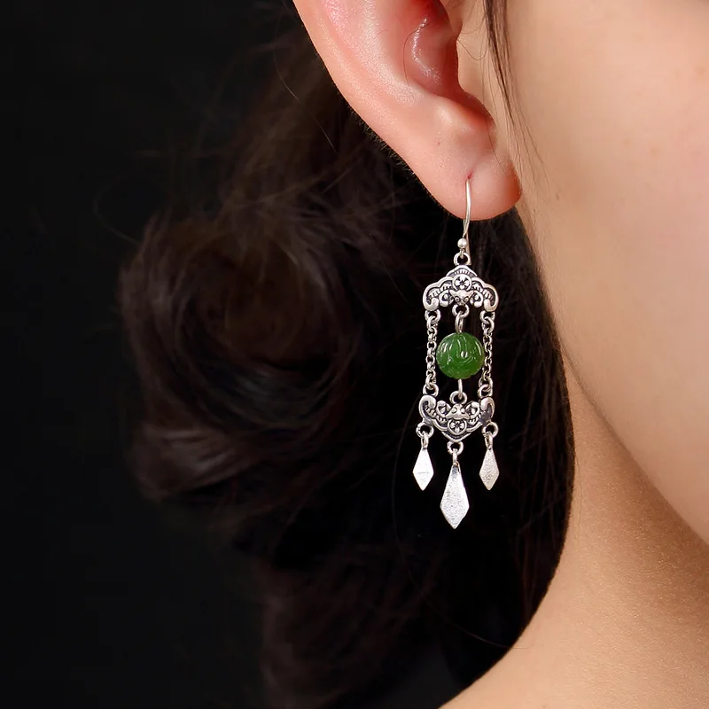 2018 New silver S925 pure antique mosaic and jade lotus flower plum blossom in front of Lady earrings earrings. | Украшения и