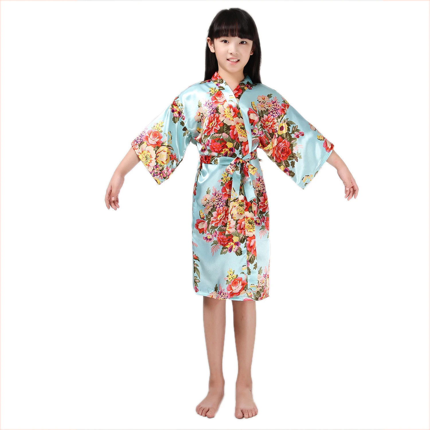 Light Blue Новинка, детское атласное шелковое кимоно для девочек, банный халат с цветочным рисунком, ночная рубашка, ночное белье подружки невесты для спа, вечерние, на свадьбу, день рождения - Цвет: Light Blue
