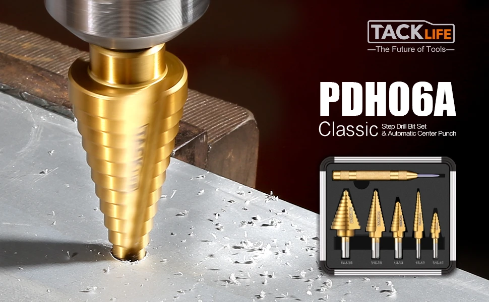 Tacklife PDH06A 5 шт./лот классический титановый Шаг сверло набор автоматический Кернер HSS 50 размеров двойные режущие лезвия алюминий