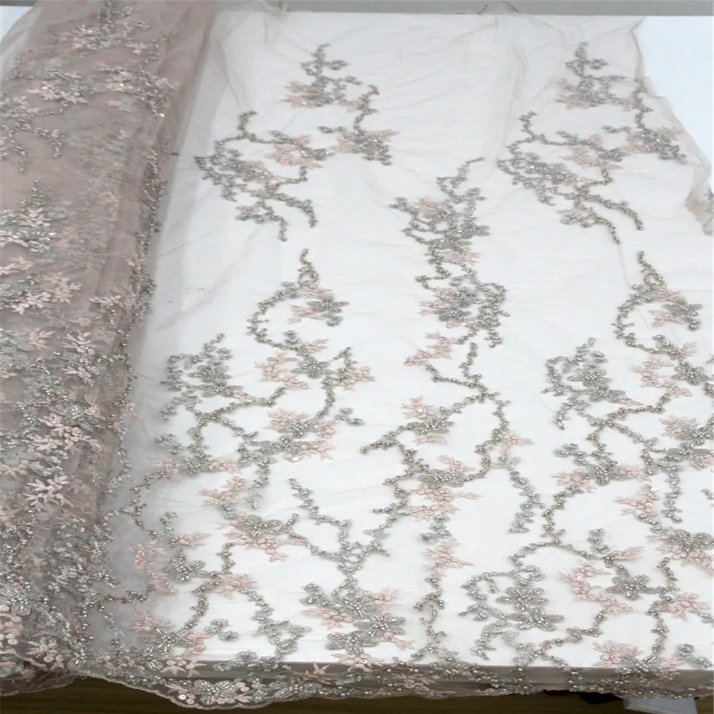 Gray Color High Quality Handmade Beaded Lace Fabric 3D Pearls Applique Tulle Net Materials For Party H490-1 | Дом и сад