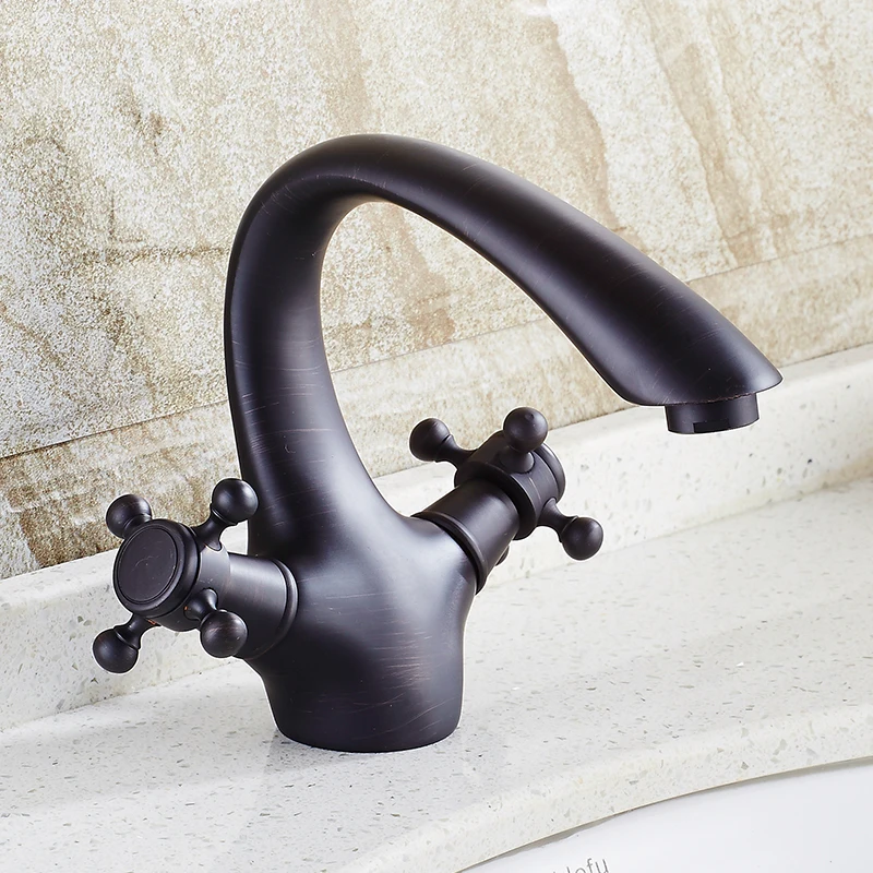 Черный античный латунный Смеситель для раковины в ванную комнату двойная