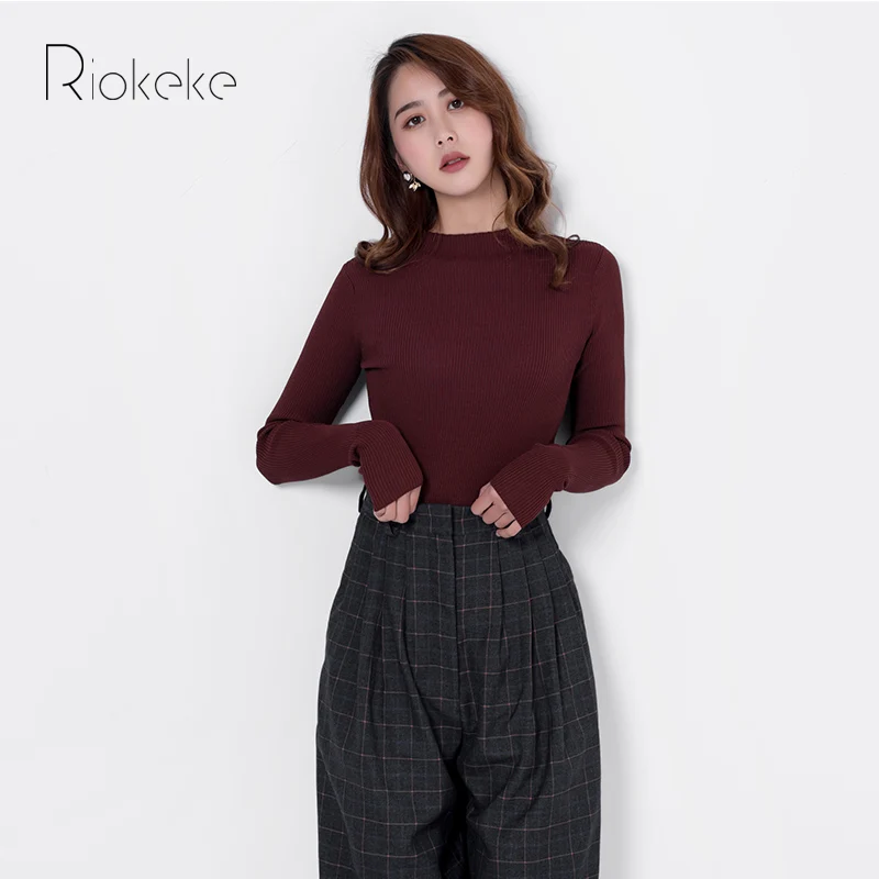 Riokeke O-neck Slim Minimalist Sweater Female Long-sleeved Knitted Autumn Winter Women High elastic Pullovers | Женская одежда