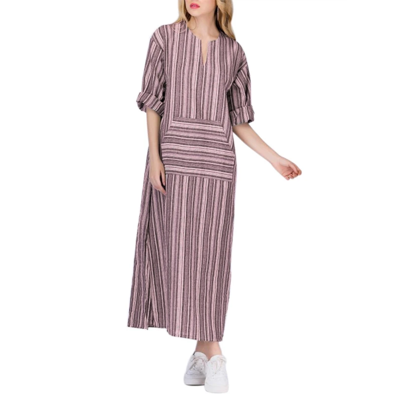 2020 Autumn Dress Women Striped Printing Elegant Bohemian Patchwork Long Elbise Sleeve V-neck Loose Vestido Ladies | Женская одежда