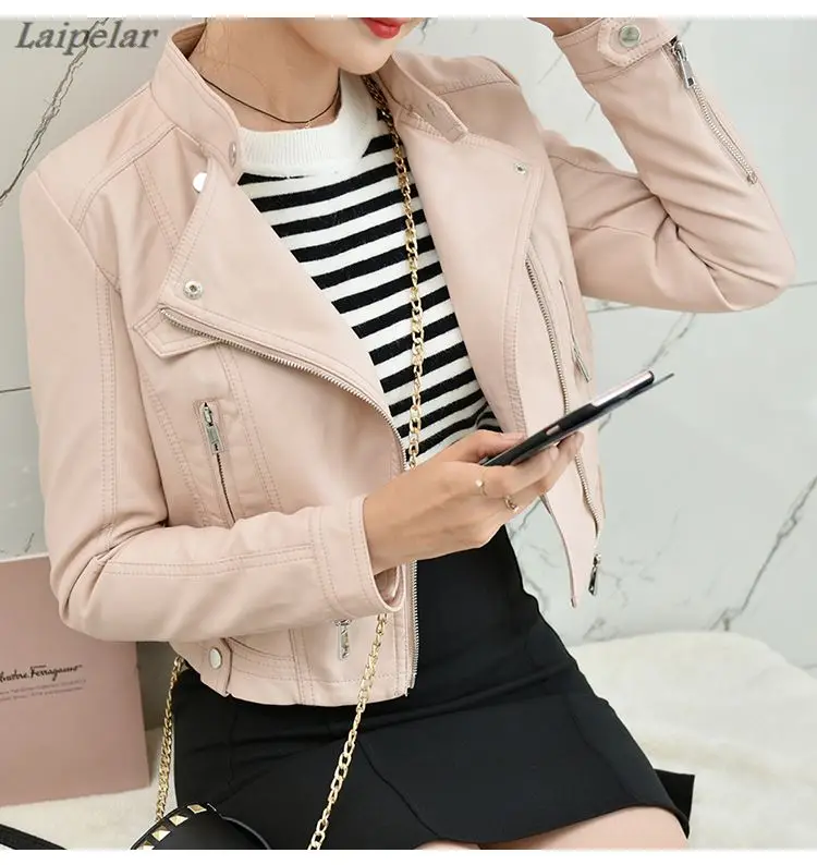 

spring and autumn new women's fashion brand leather Jackets Oblique zipper collar short paragraph motorcycle leather Coats