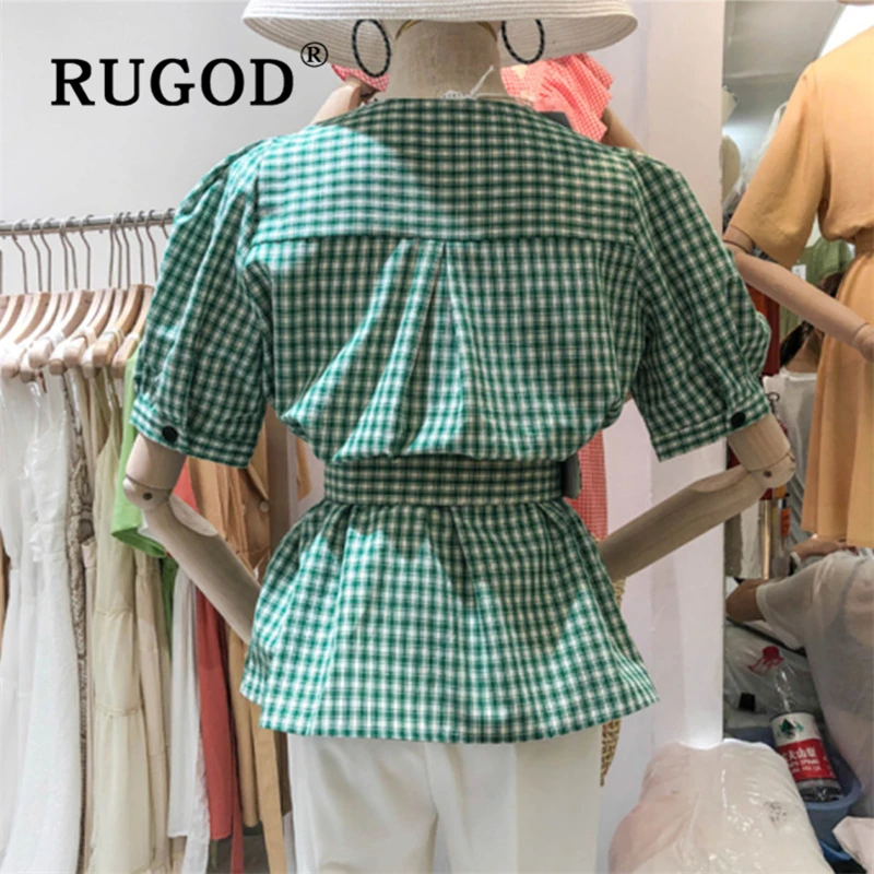 RUGOD Офисная Женская клетчатая рубашка с поясом винтажная женская блузка v