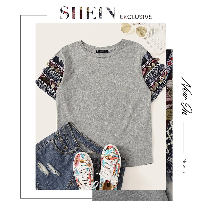SHEIN, народный стиль, бахрома, отделка, Heathered Tee, Повседневная футболка, женская,, летняя, короткий рукав, эластичная, Boho, Милая футболка, топы