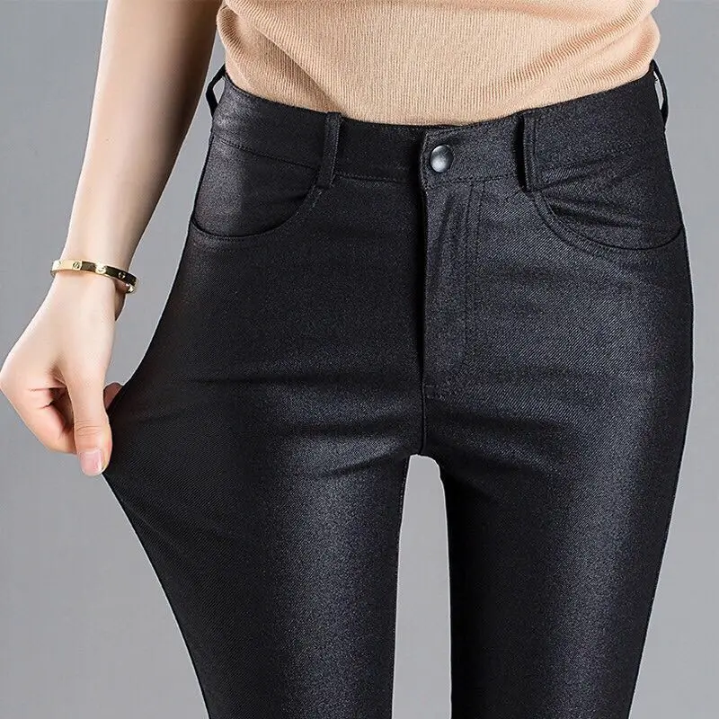 black one button VANGULL Весна Осень Новые женские матовые ПУ кожаные брюки плюс бархатная основа эластичные с высокой талией одноцветные обтягивающие кожаные брюки карандаш - Цвет: black one button