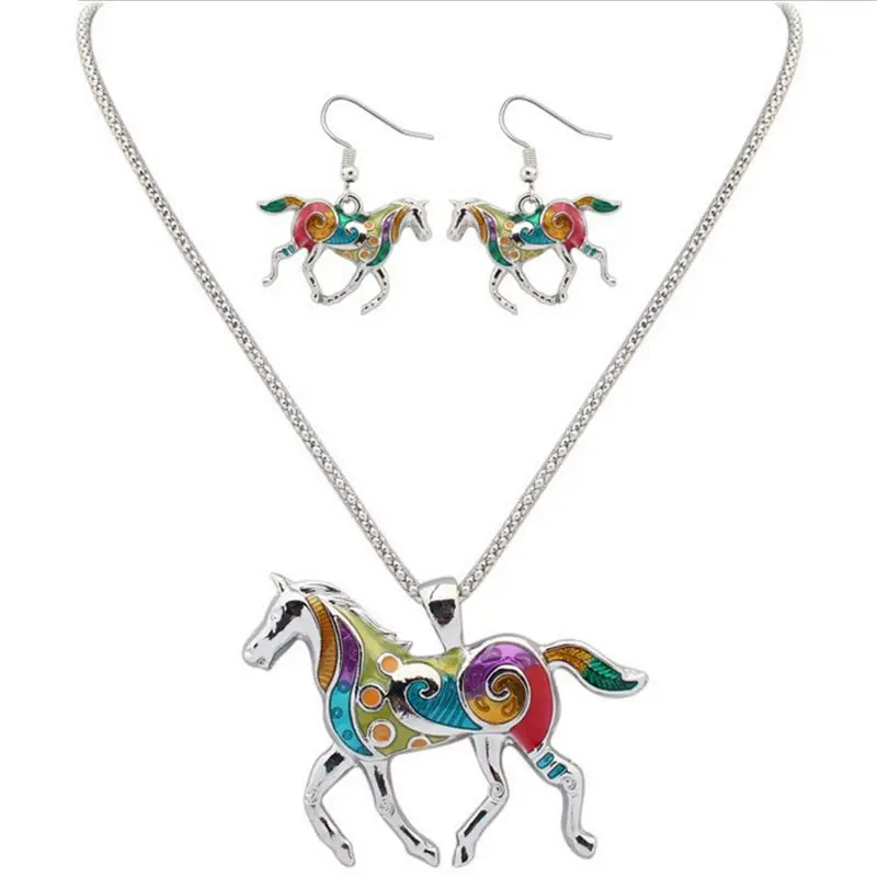 Fashion Jewelry Sets Alloy metal Enamel Rainbow Horse Necklace Earrings Choker Collar for Women Girl Gift JS1 | Украшения и