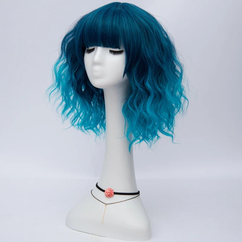 Similler Ombre Green Blue Gray Party Cosplay Wig Short Curly Hair Synthetic Wigs for Black Women 14