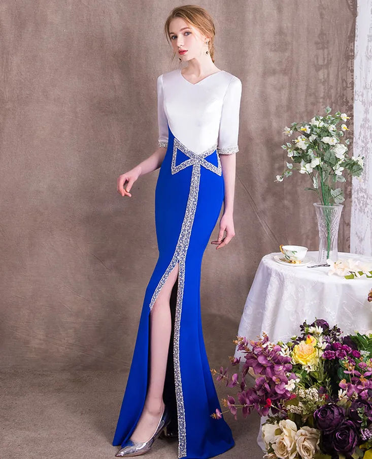 JaneVini Vestidos контраст Цвет длинный атласный для матери невесты платья блестками бисером Половина рукава Для женщин Русалка Вечерние платья