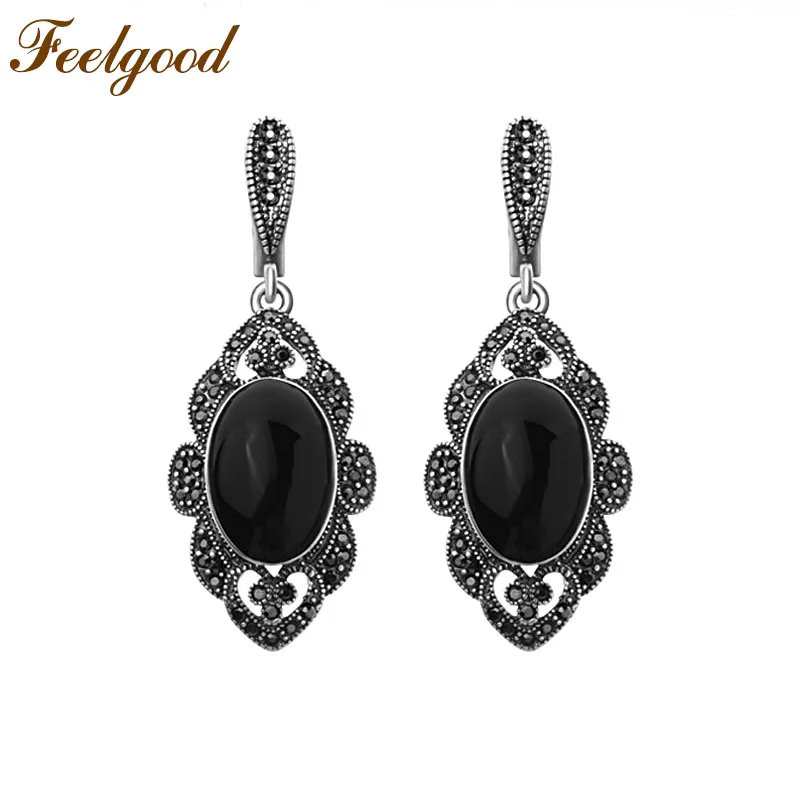 Feelgood Jewelry Винтажные серебряные серьги с черным эмалевым покрытием и кристаллами для женщин на свадьбу, вечеринку, подарок на день рождения маме.