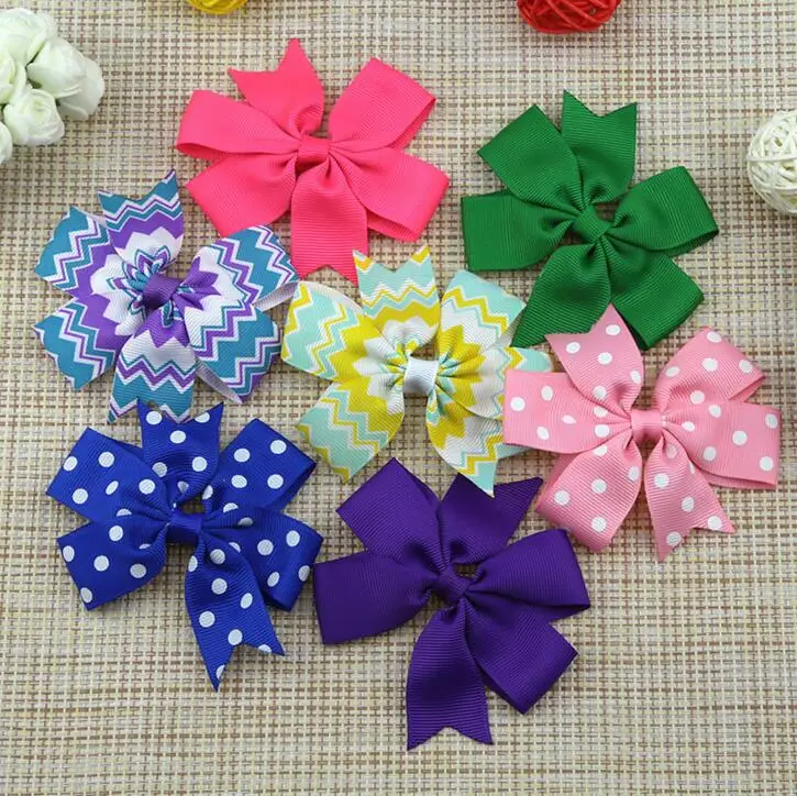 120 шт. Бесплатная доставка DHL шеврон-pinwheel-hair-bow-Girl бант для волос в горошек