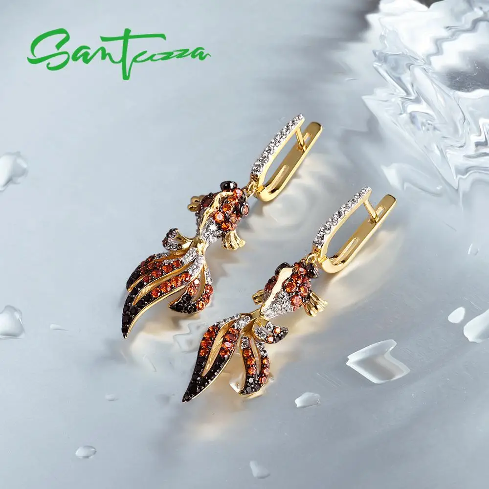 SANTUZZA, серебряные, золотые серьги-рыбки для женщин, 925 пробы, серебряные висячие серьги с кубическим цирконием, сережки женски brincos, ювелирные изделия
