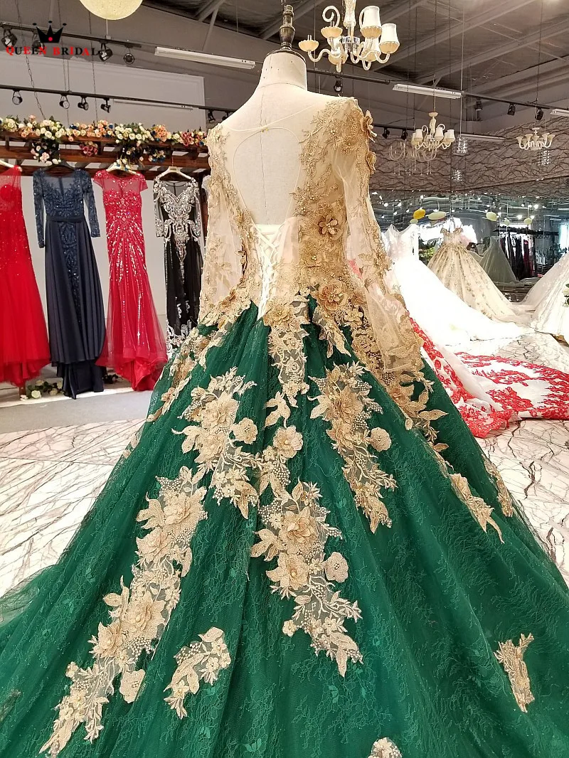 Бальное платье с длинным рукавом Тюлевое зеленое роскошное вечернее цветочным