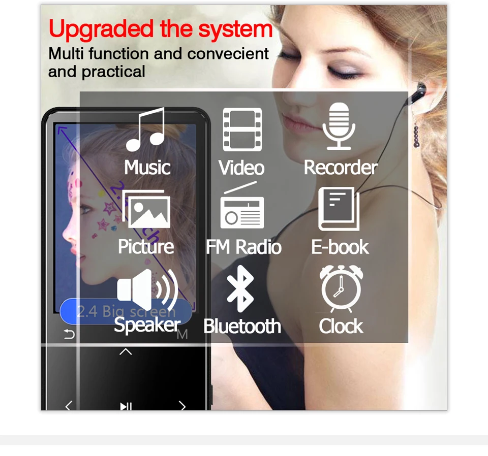 MP3 плеер с Bluetooth, fm-радио, динамик, наушники с сенсорными клавишами, экран 2,4 дюйма, HiFi, Walkman, спортивный MP 3 Flac музыкальный плеер для детей