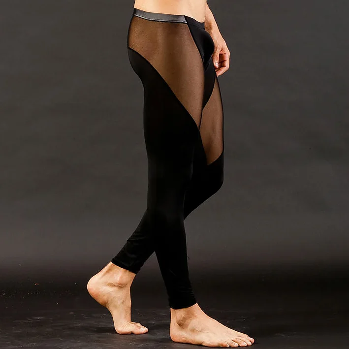 Сексуальное мужское длинное нейлоновое шелковое нижнее белье брюки сетчатые