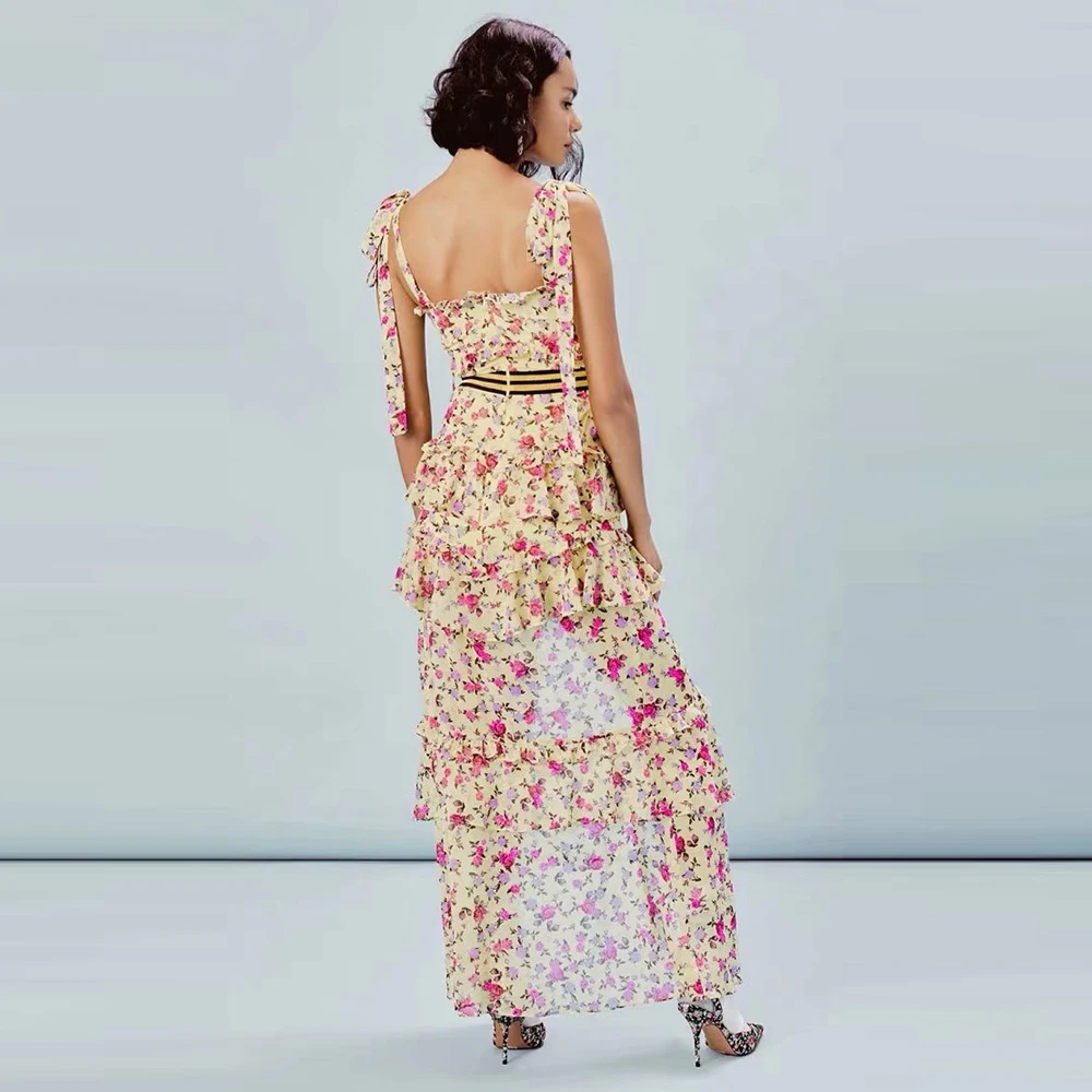 Элегантное Длинное желтое платье на бретельках с принтом в стиле бохо женское