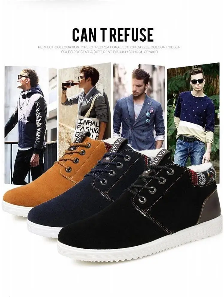 Mens Winter Shoes Casual Plus Velvet Thickening Lace Up Men's High Top Warm Shoes Solid Waterproof Fur Sneakers for Mens