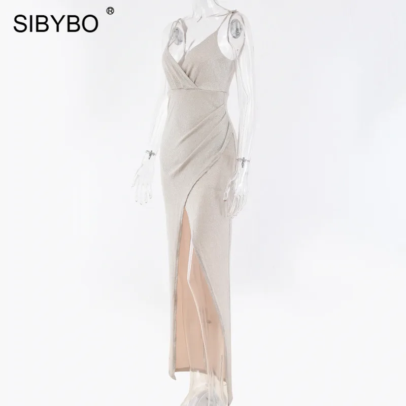 Sibybo, блестящее, с разрезом, свободное, летнее, длинное платье, для женщин, на тонких бретелях, без рукавов, сексуальное, макси платье, с открытой спиной, Пляжное, вечернее, длинное