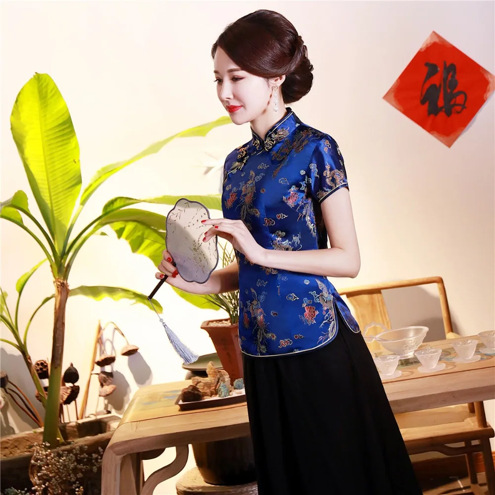 Шанхай история короткие Cheongsam Топ Традиционный китайский искусственный шелк/Атласный топ Дракон и Феникс Вышивка Блузка Топ Qipao рубашка