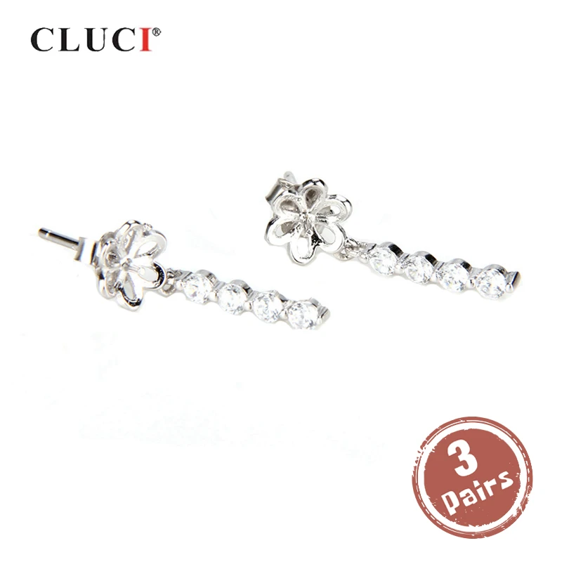 

CLUCI 3 pair 925 Sterling Silver Earrings Sliver 925 Pearl Earrings Mounting For Women Jewelry Making Zircon Earring SE038SB